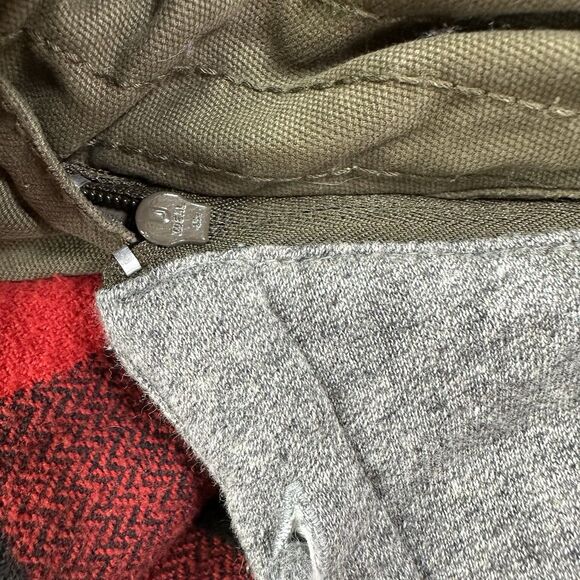 American Eagle Sherpa Lined Canvas Jacket Olive Green Plaid Hood L - Picture 10 of 13